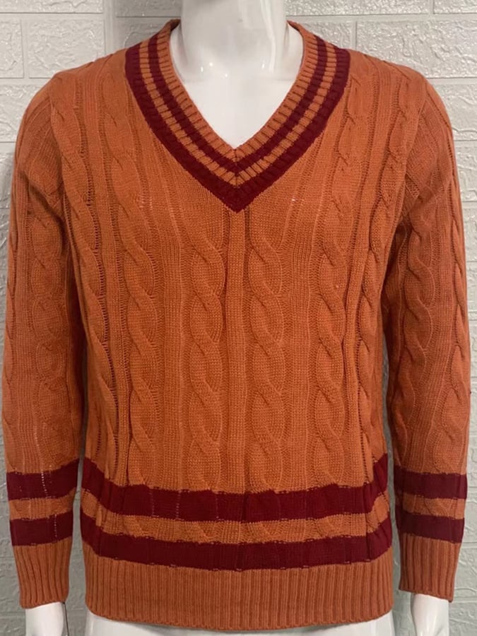 Men's Casual Striped Contrast V-Neck Cable Knit Sweater