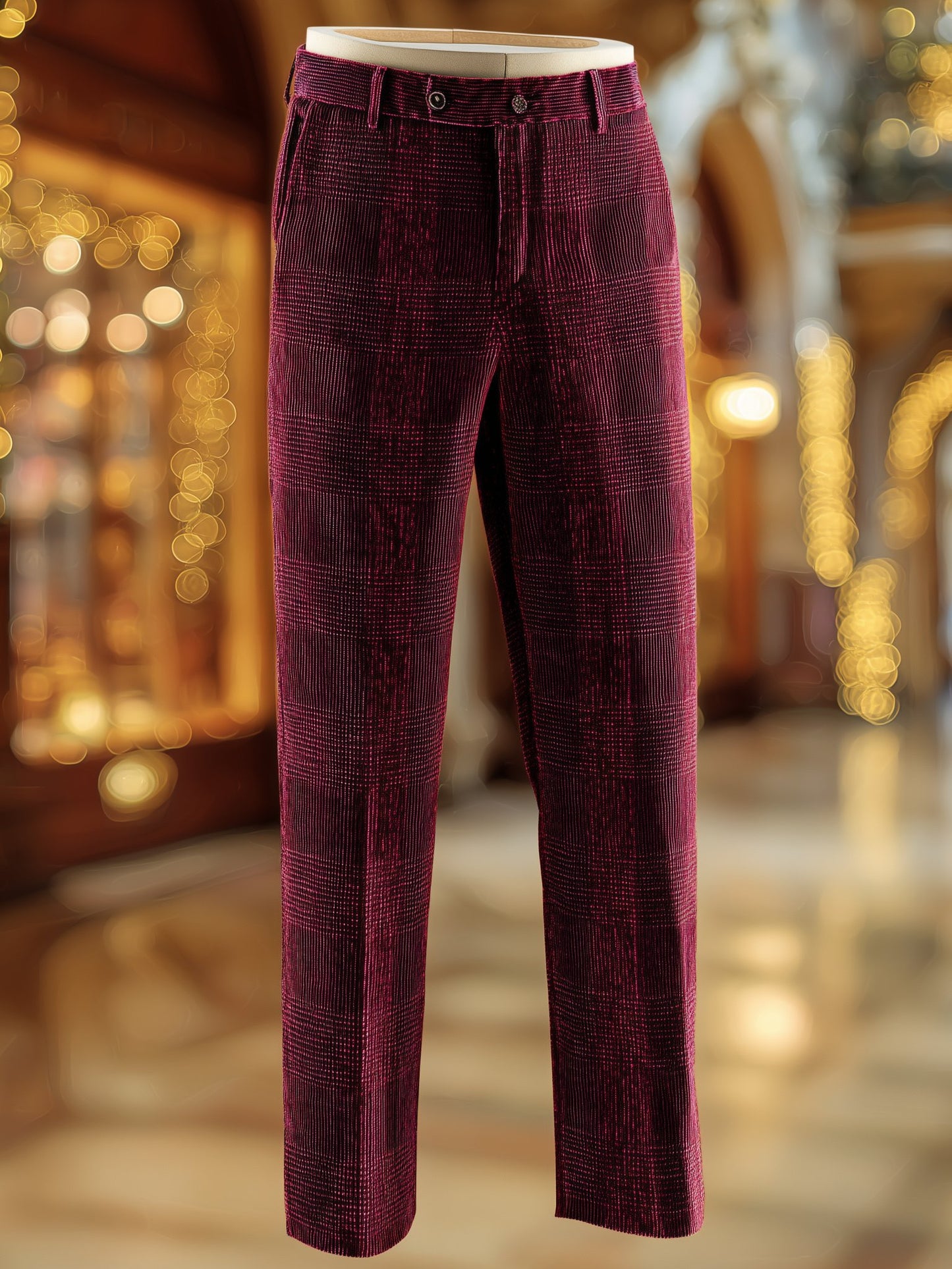 Men's Corduroy Retro Business Burgundy Checkered Casual Pants
