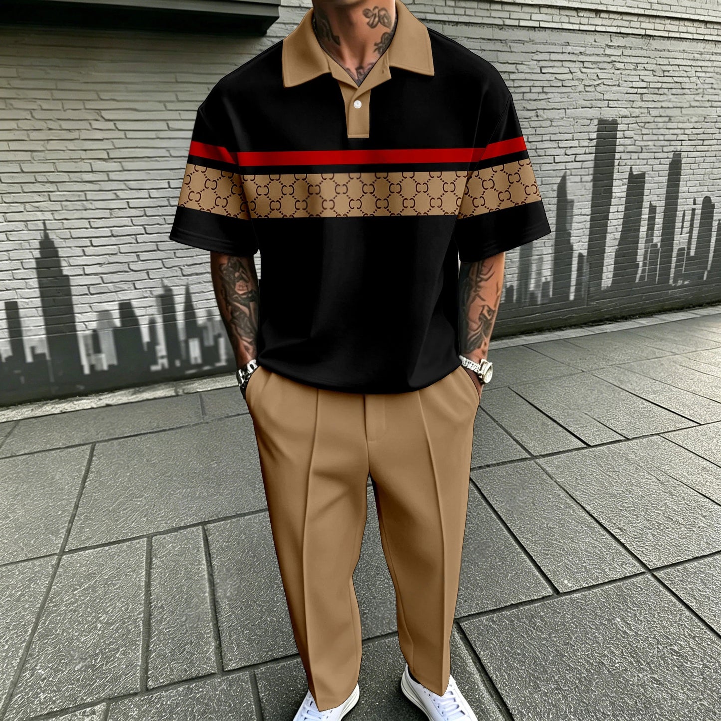 Men's Casual Black Plaid Printed Polo Shirt And Pants Two-Piece Set