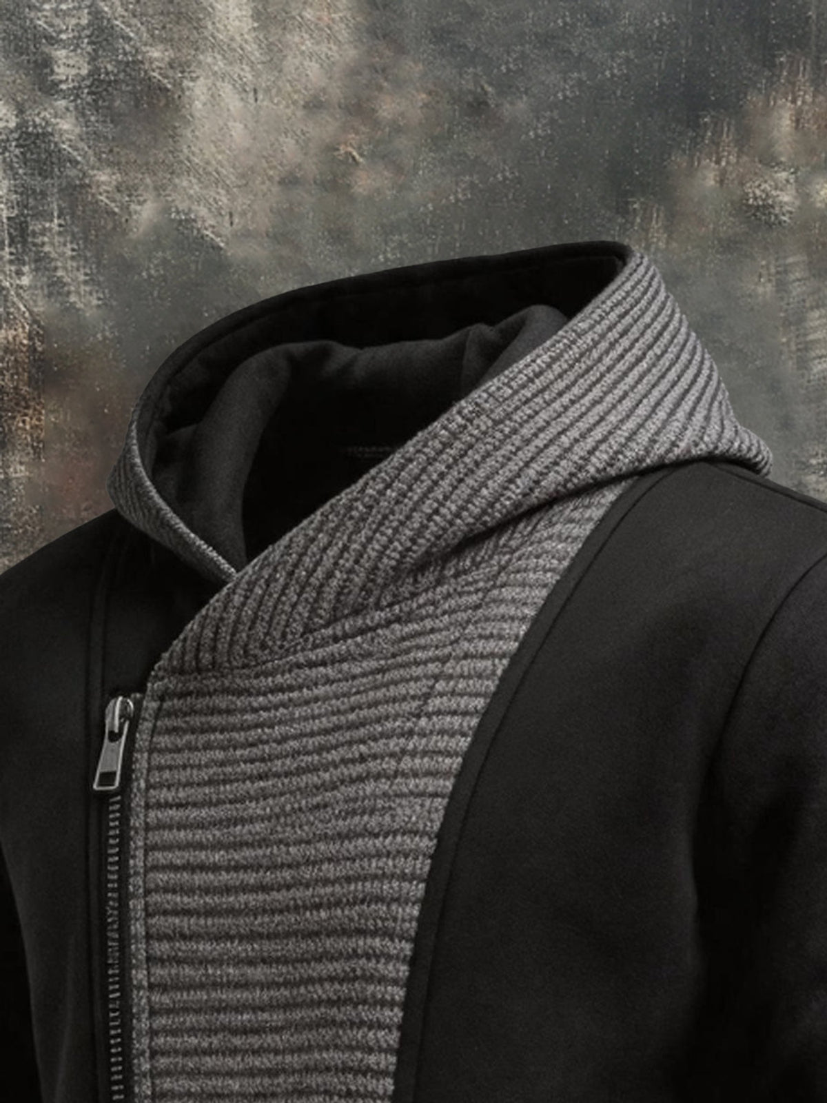Men's Vintage Asymmetric-Placket Knit-Panel Hoodie Jacket