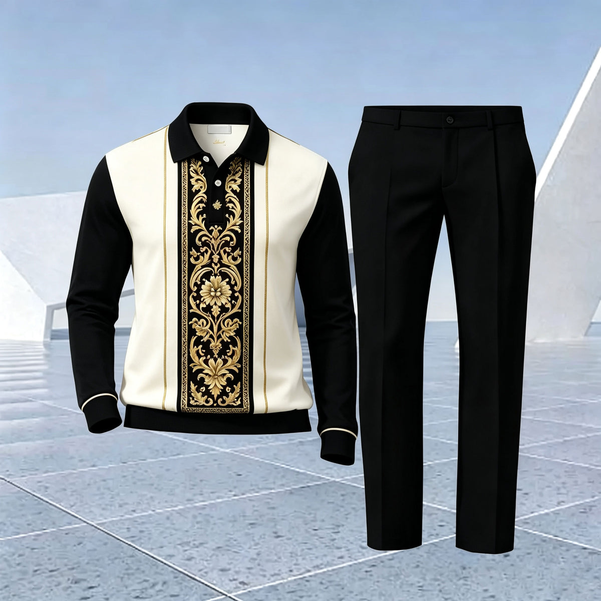 Men's Black-and-White Color-Blocked Polo Shirt and Pants Set