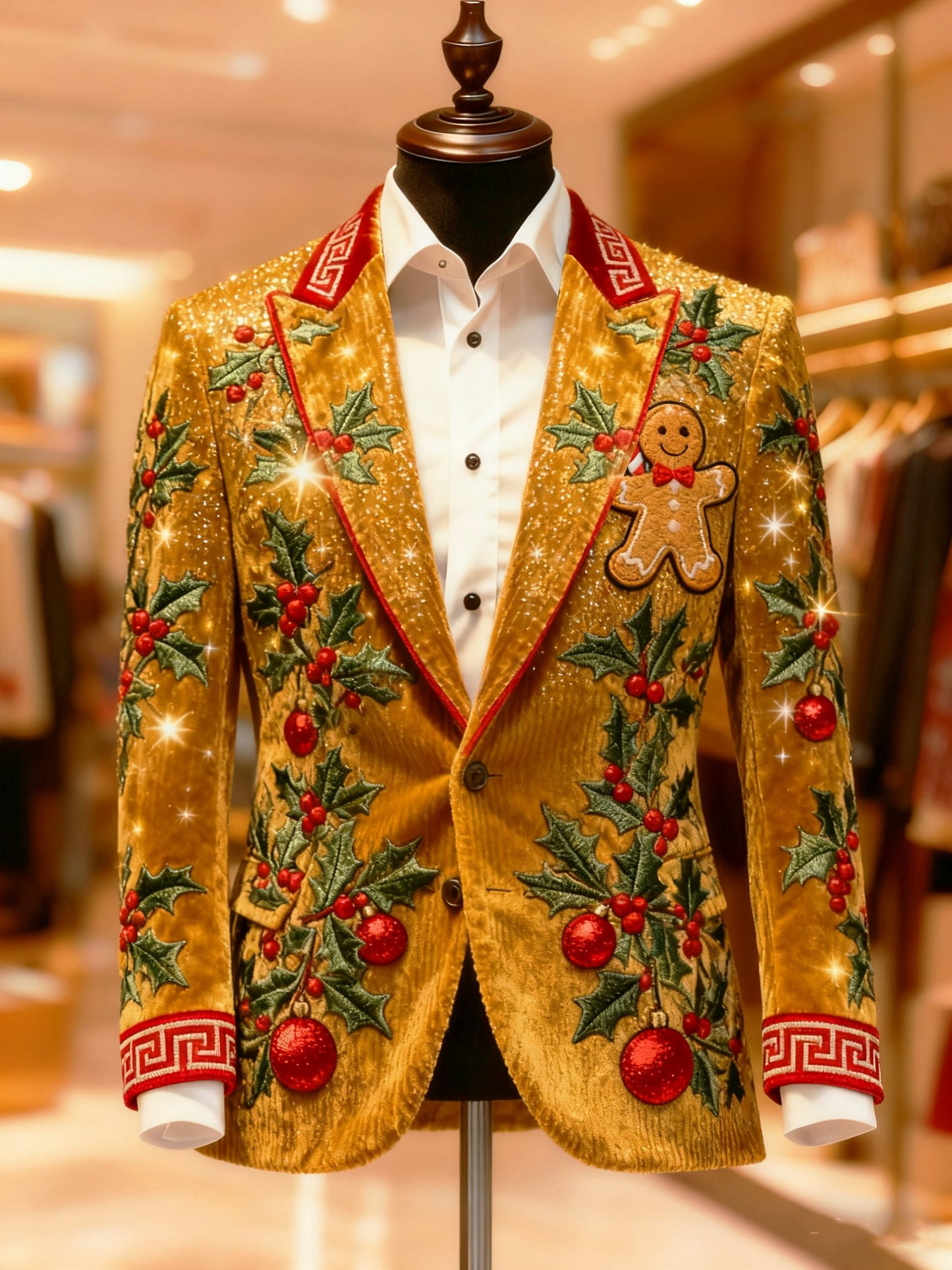 Men's Corduroy Christmas Holly Leaves and Berries Ornament Balls Suit Jacket