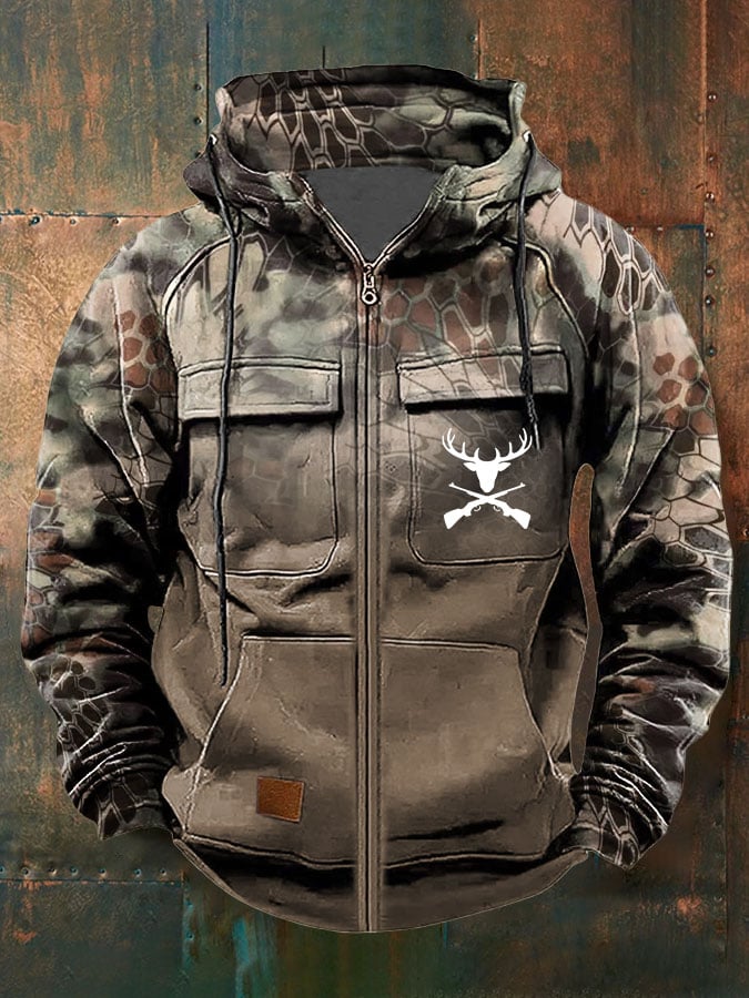 Men's Vintage Western Print Multi-Pocket Jacket