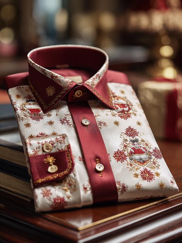 Men's Business Retro New Year Christmas Print Long Sleeve Shirt