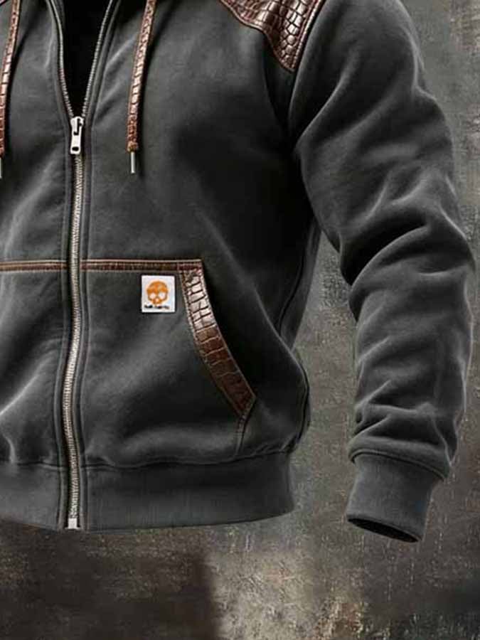 Men'S Retro Color-Block Outdoor Jacket With Leather Paneling