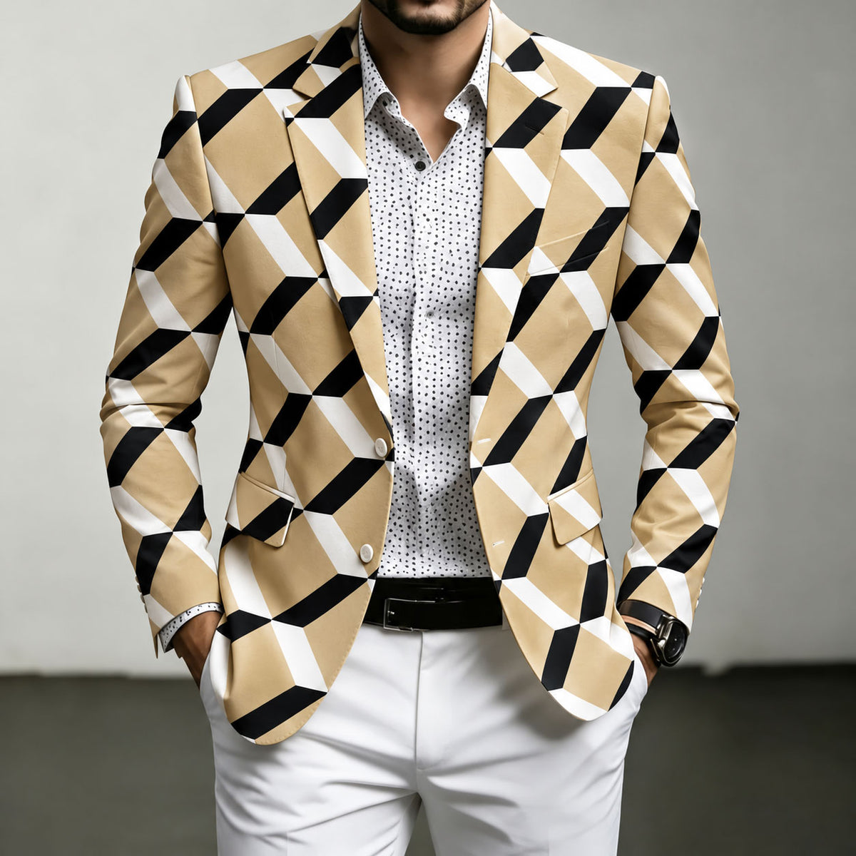 Men's Color-Blocked Printed Casual Blazer