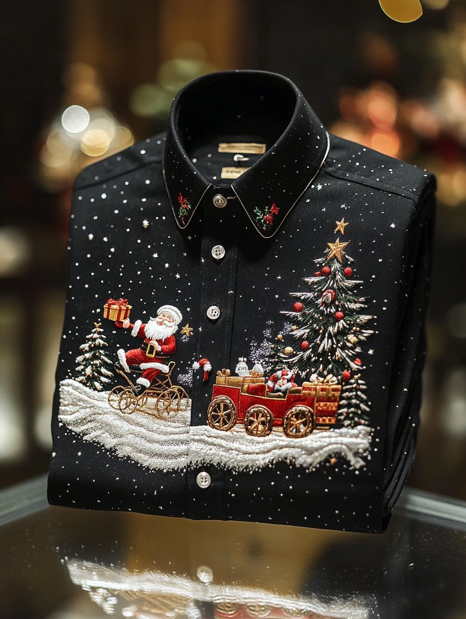 Men's Retro Christmas Print Santa Gifts Long Sleeve Shirt