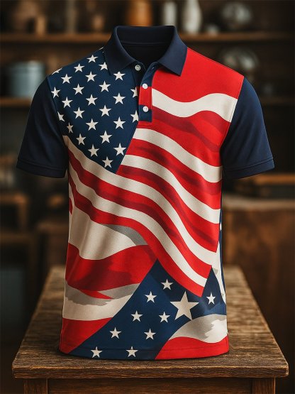 Men's Business Casual Independence Day Button Short Sleeve Polo Shirt