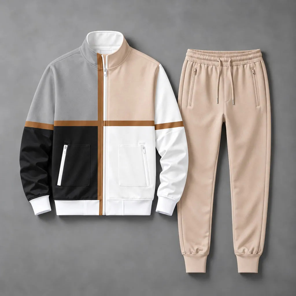 Men's Patchwork-Print Stand-Collar Sweatshirt and Pants Set