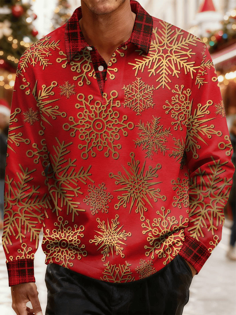 Men's Christmas Print Long-Sleeve Polo Shirt