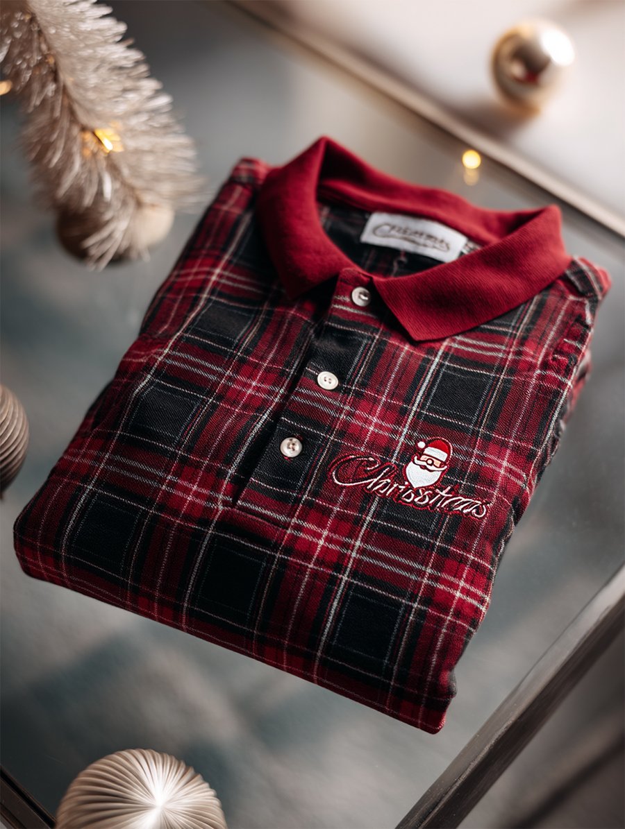 Men's Christmas Plaid Long Sleeve Polo Shirt