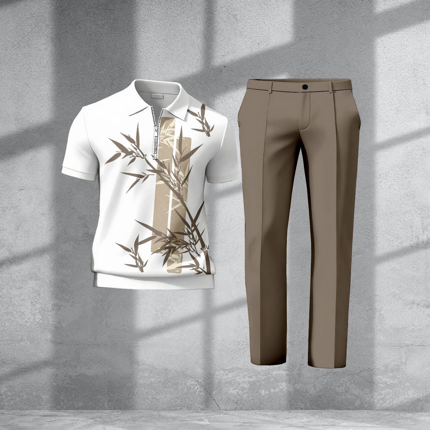 Men's Casual White Bamboo Printed Polo Short-Sleeve T-Shirt And Pants Two-Piece Set