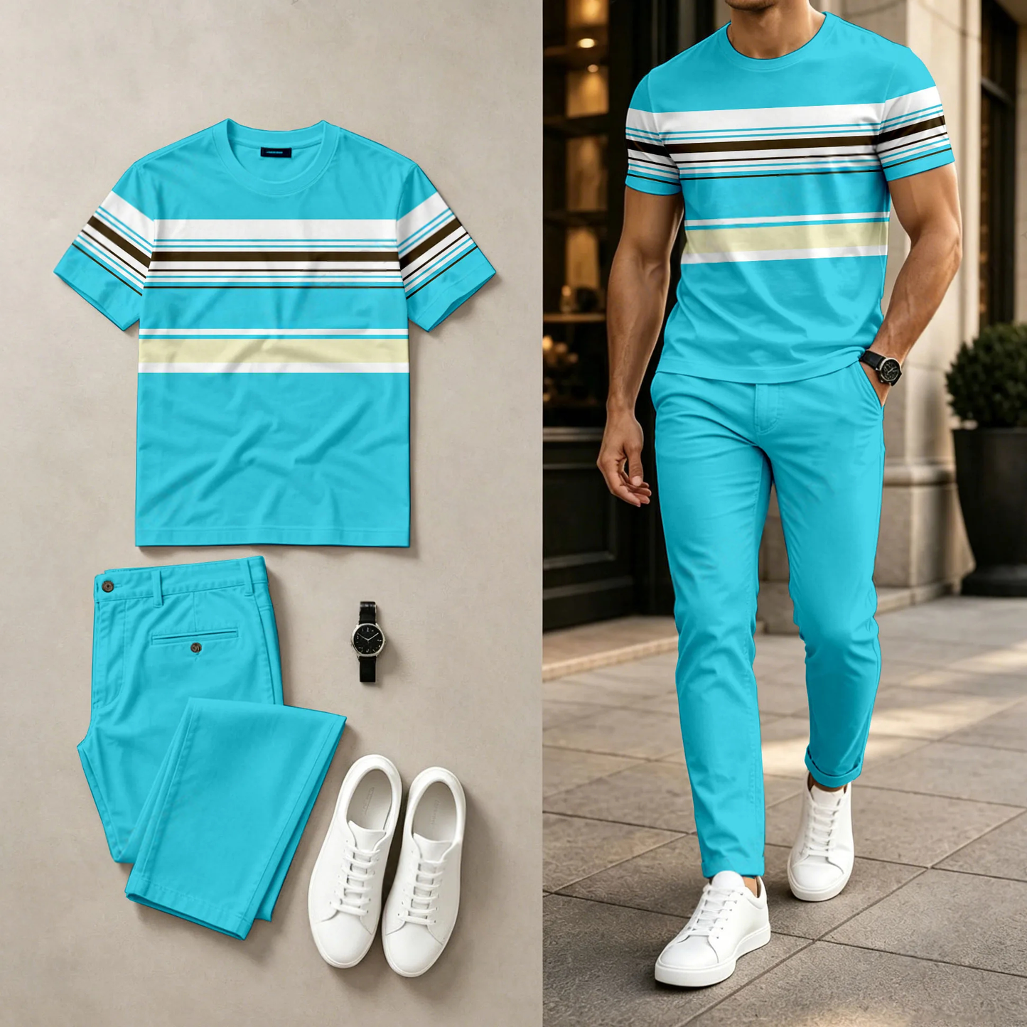 Men's Casual Striped Two-Tone Print Round-Neck Short-Sleeve Top And Pants Set