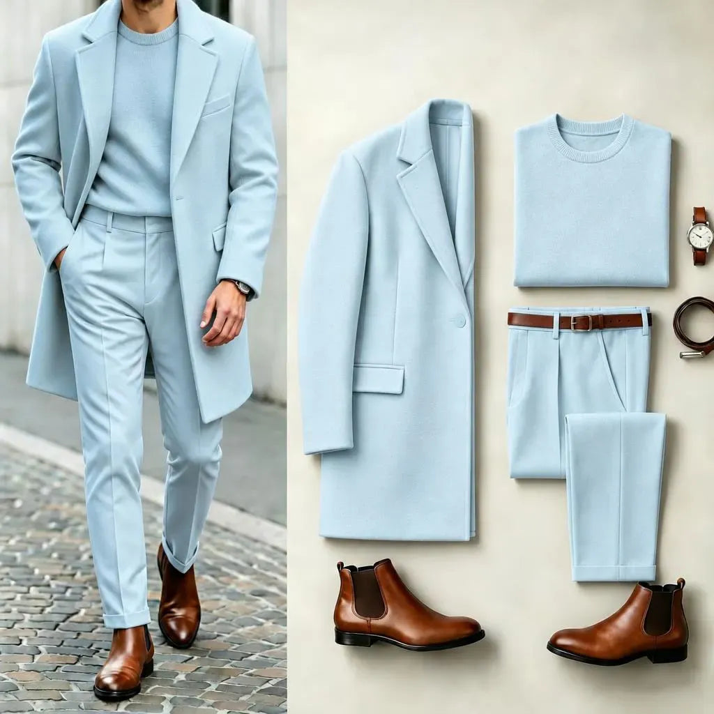 Men's Light Blue Solid-Color Suit Set: Coat, Knit Sweater, and Dress Pants