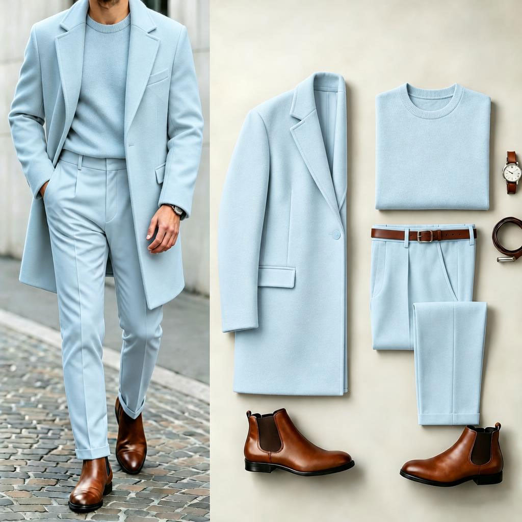 Men's Light Blue Solid-Color Suit Set: Coat, Knit Sweater, and Dress Pants