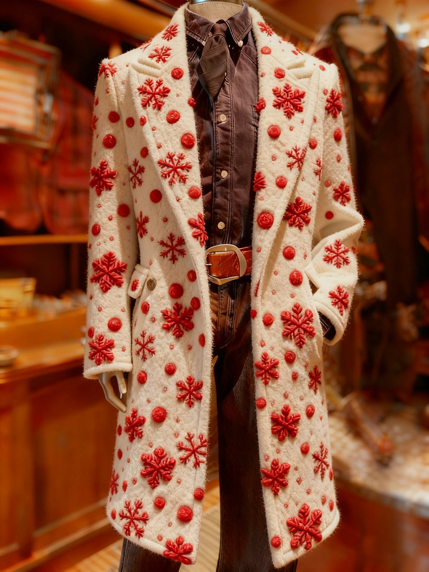 Men's Retro Christmas Snowflake Print Wool Coat