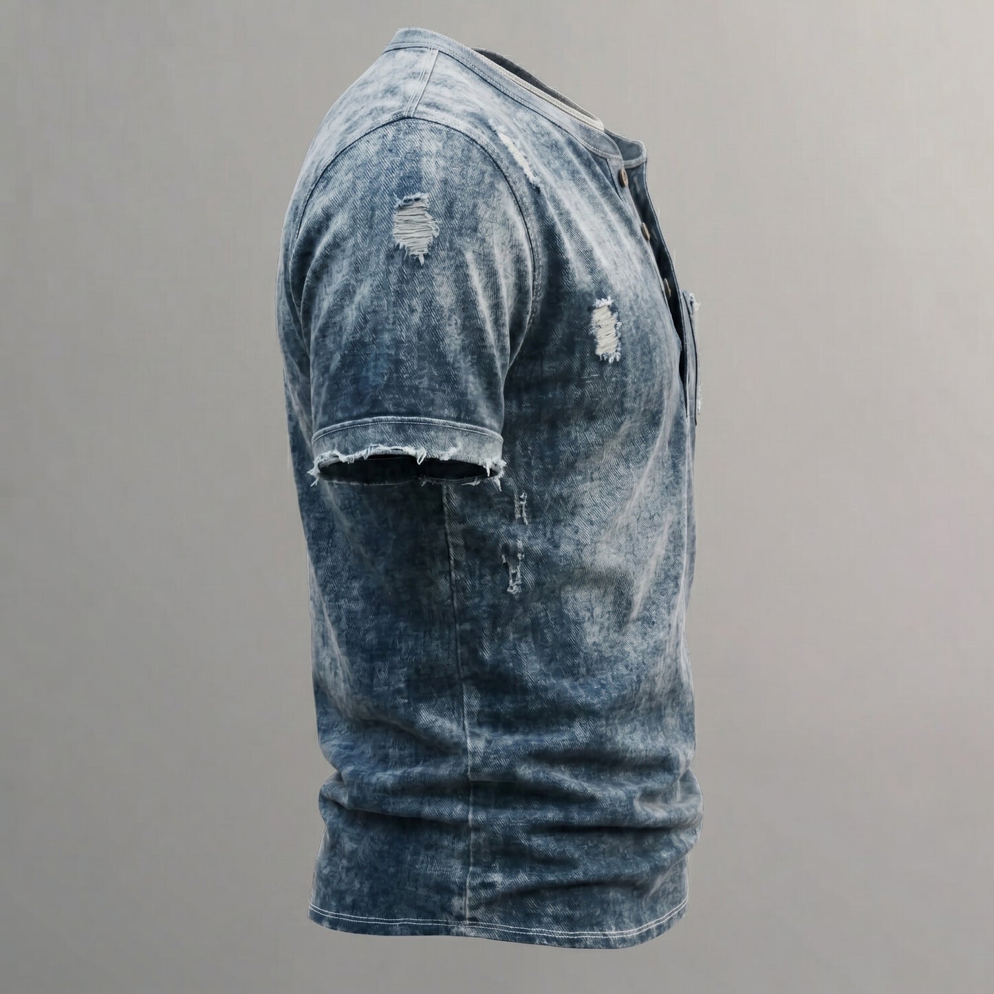 Men's Retro Distressed Washed Denim Ripped Raw-Edge Patch Pocket Henley Shirt