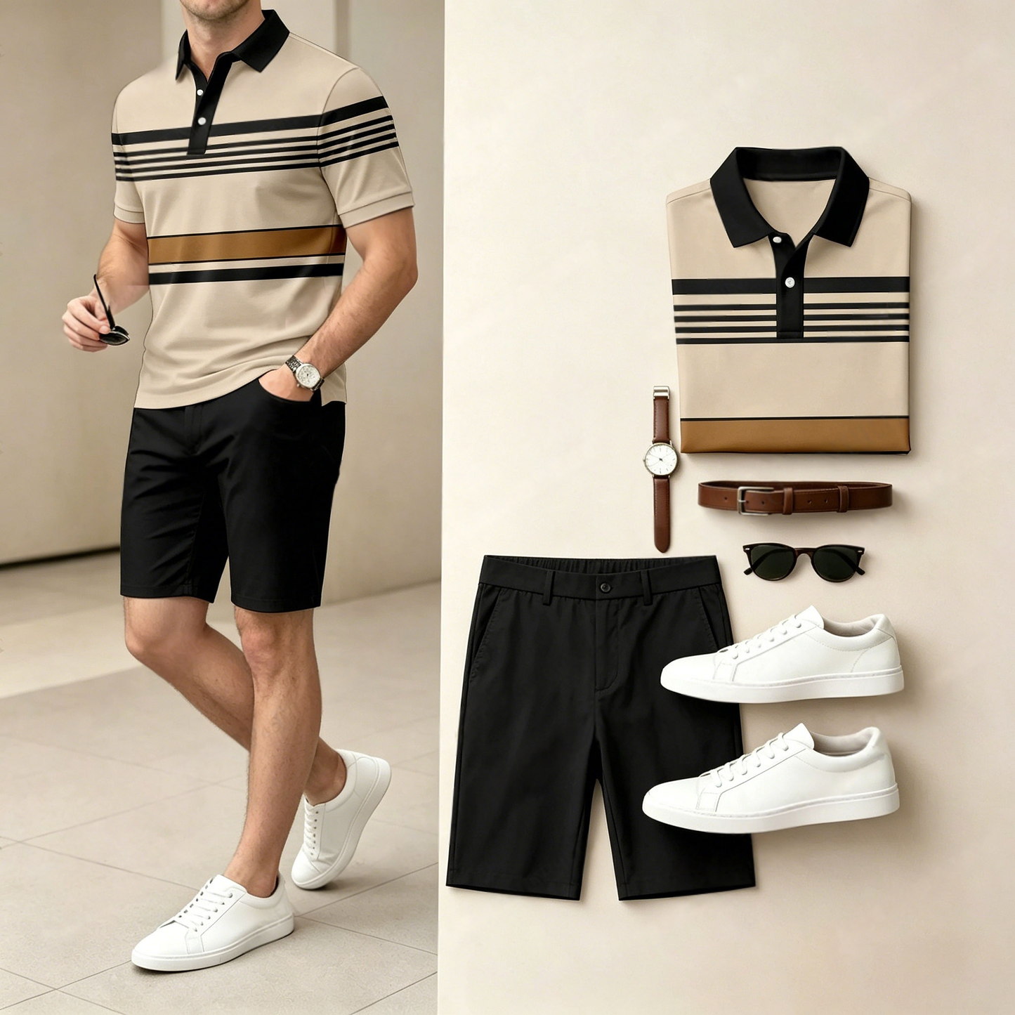 Men's Casual Horizontal Striped Color-Block Print Polo Shirt And Shorts Two-Piece Set (Watch, Belt, And Accessories Not Included)