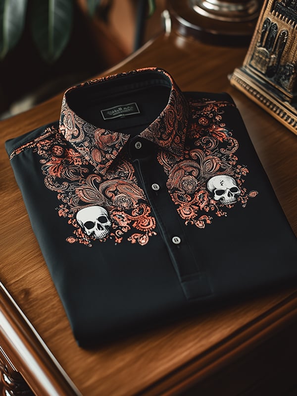 Men's Classic Business Paisley Skull Logo Short Sleeve Polo Shirt