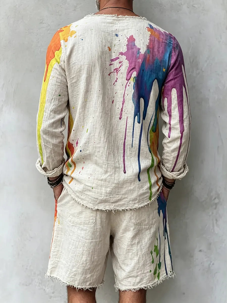Men's Retro Abstract Print Casual Linen Long-sleeved Top And Shorts Two-piece Se