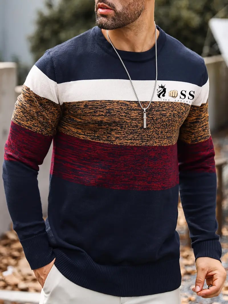 Men's Casual Stripe Round Neck Knit Sweater