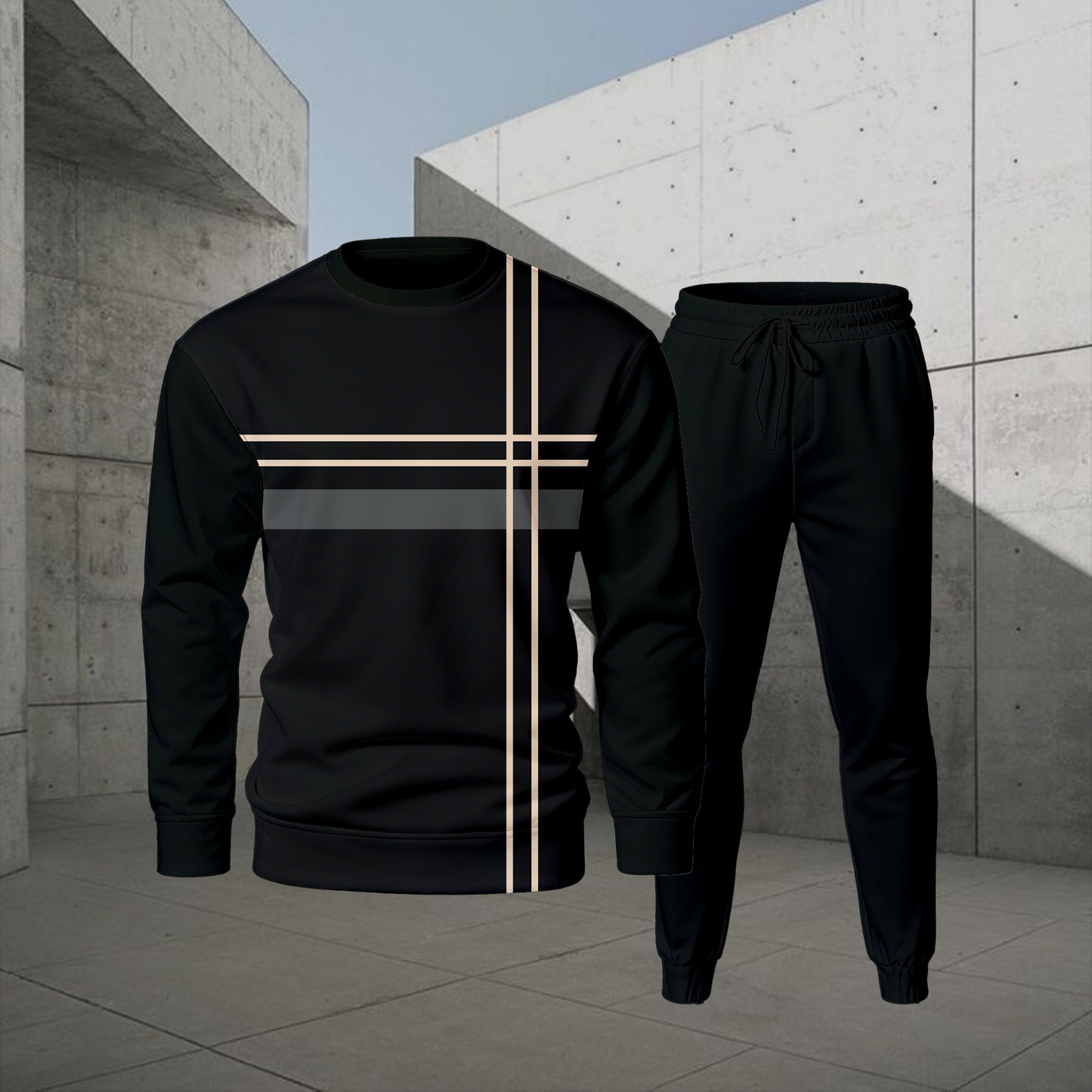 Men's Casual Color Matching Printed Round-Neck Long-Sleeve Sweatshirts Trousers Two-Piece Set