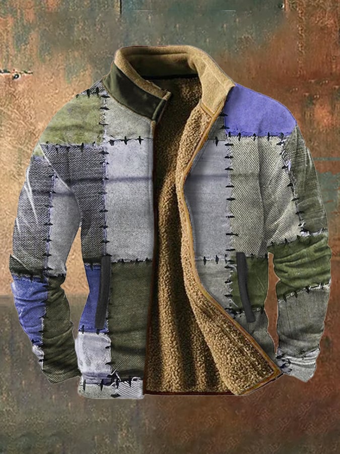 Men's vintage western hunting patchwork warm fleece jacket