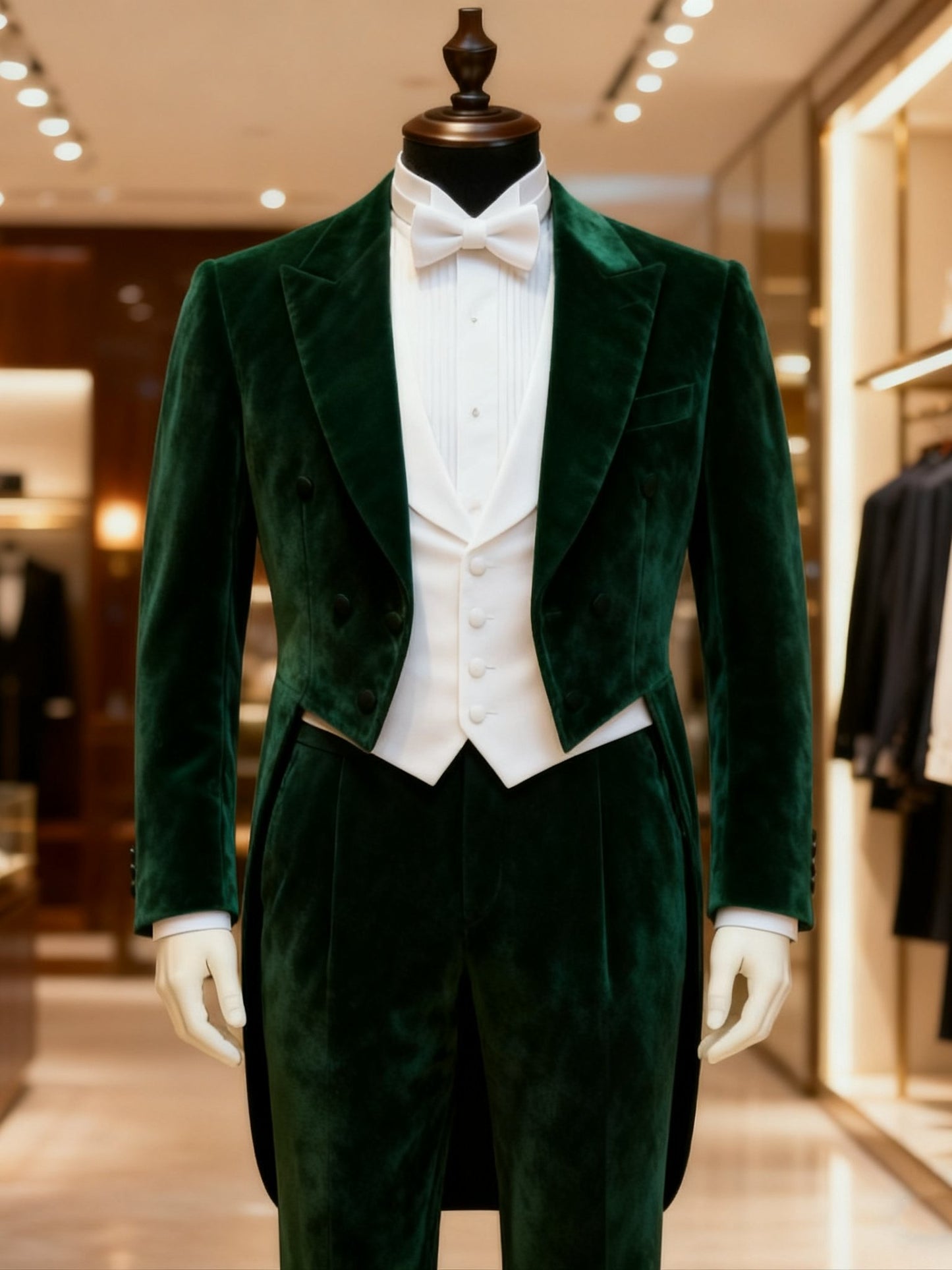 Men's Business Check Print Tuxedo Dinner Suit White Tie Green Velvet Tailcoat