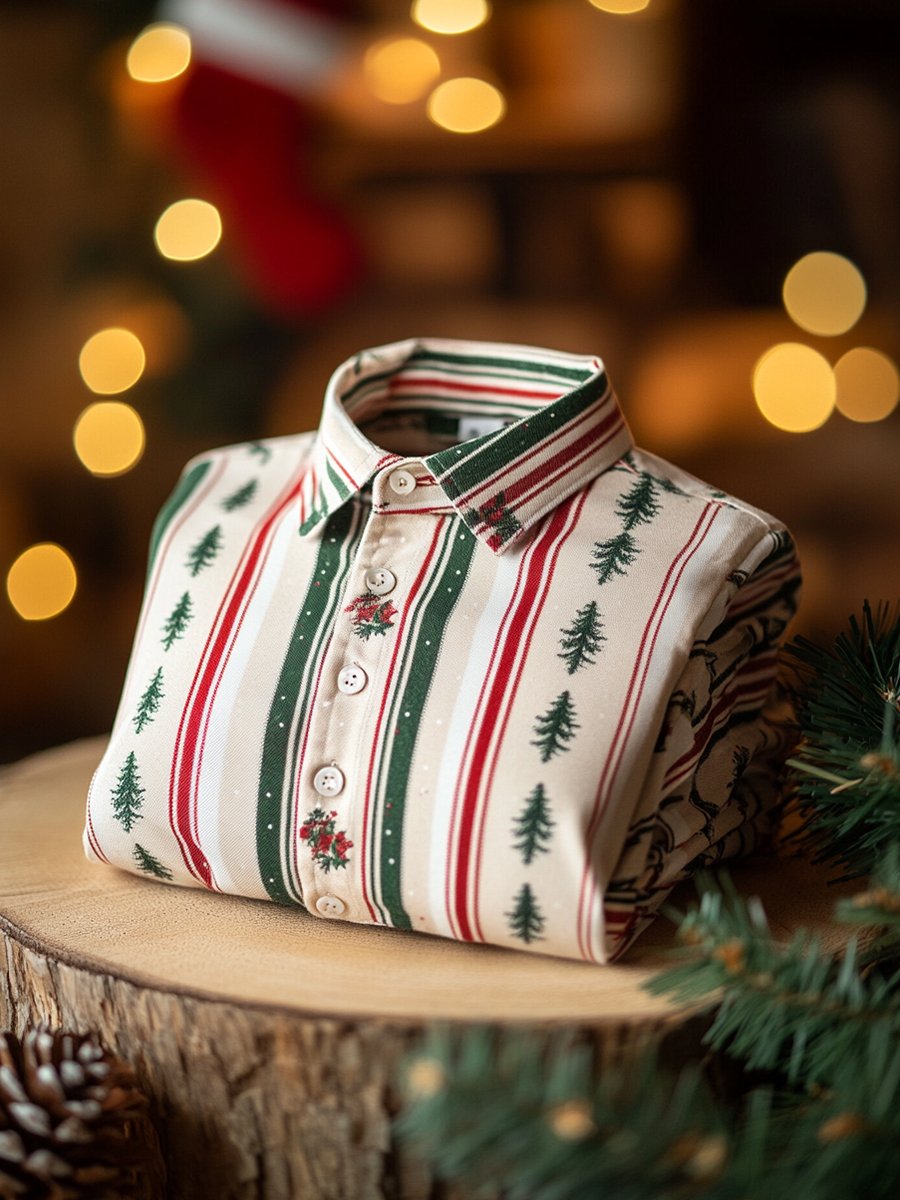 Men's Business Christmas Stripe Printed Christmas Long Sleeve Shirt