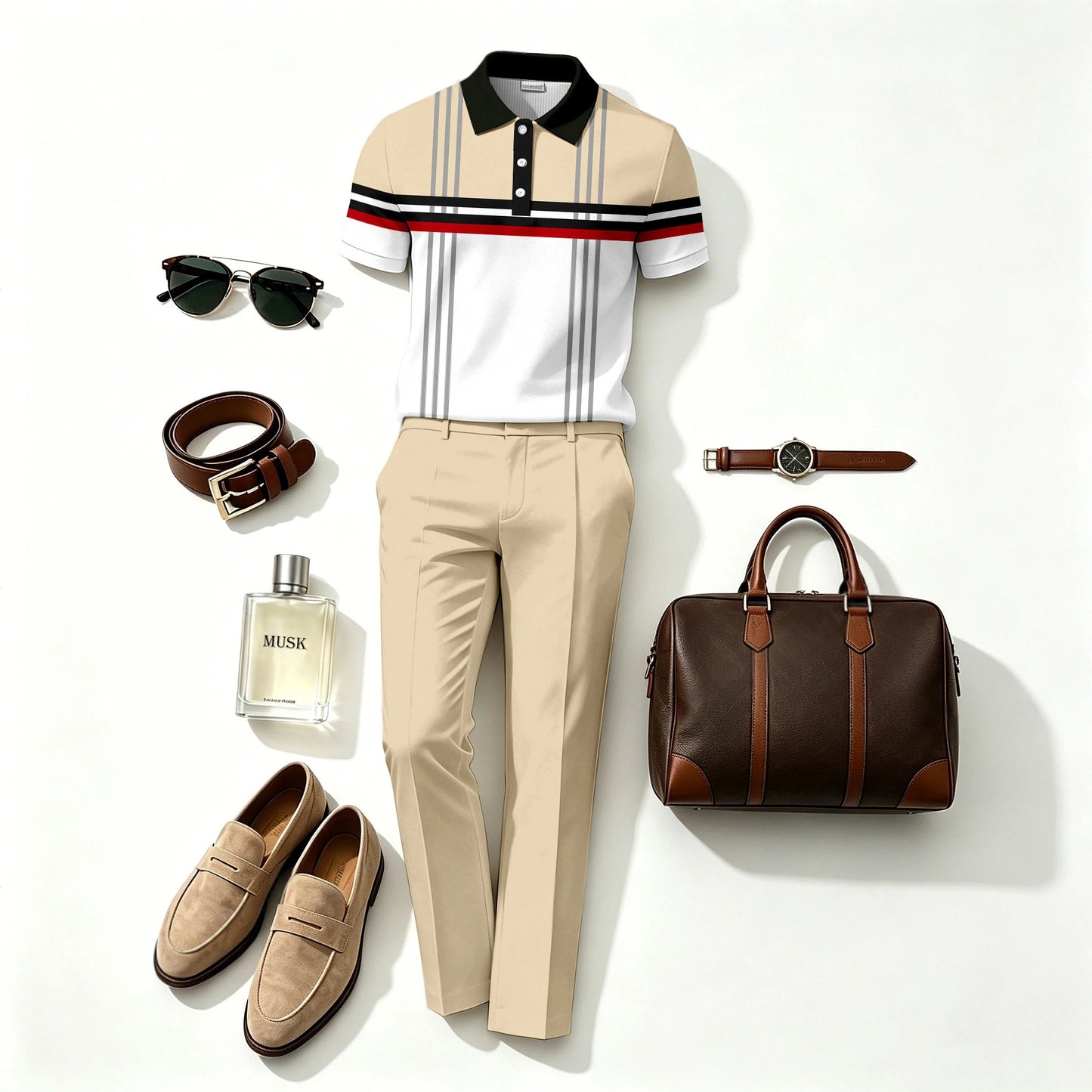 Men's Casual Khaki Stripes Printed Polo Shirt And Pants Two-Piece Set