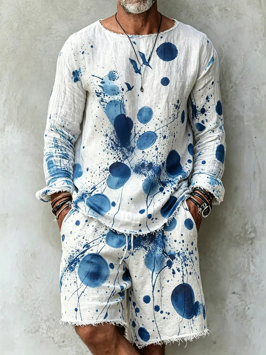 Men's Retro Abstract Print Casual Linen Long-sleeved Top And Shorts Two-piece Se