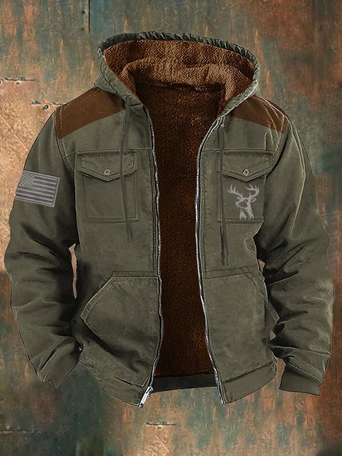 Men's Vintage Fleece Western Flag Elk Print Zip-Up Jacket