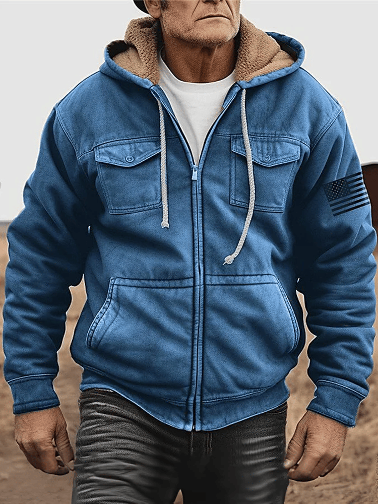 Western Vintage Men's Flag Printed Zipper Hooded Drawstring Jacket
