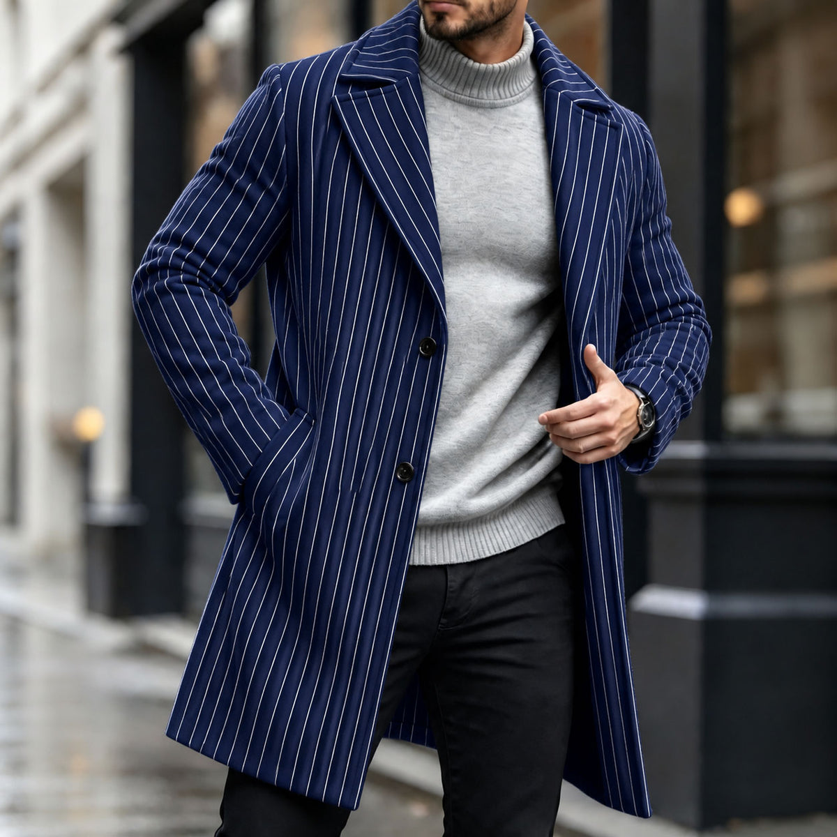 Men's Striped Printed Wool Overcoat