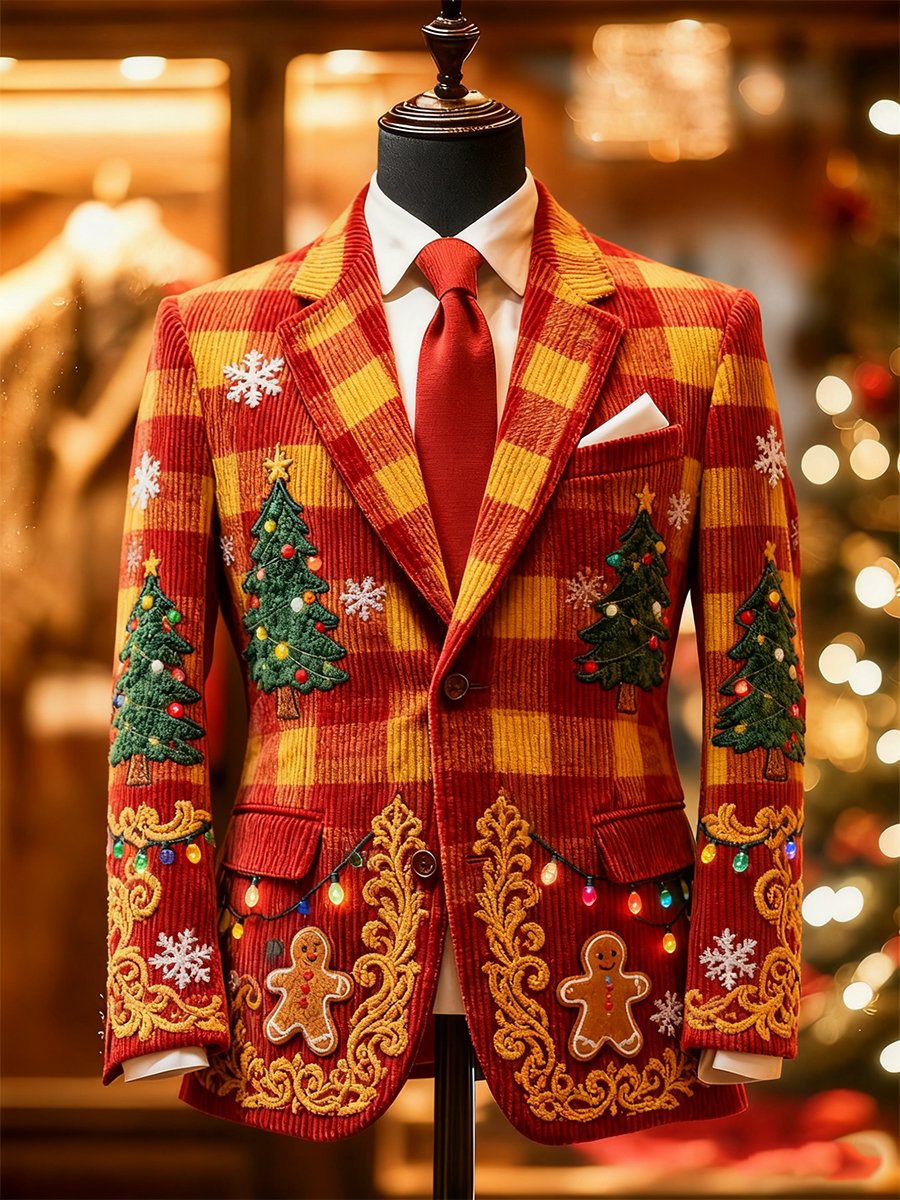 Men's Christmas Corduroy Gingerbread Man Suit Jacket