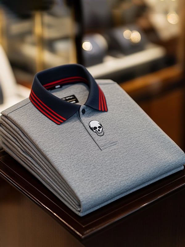 Men's Business Casual Skull Print Button-Down Polo Shirt