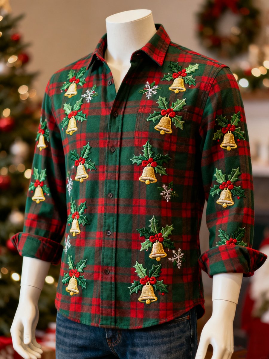Men's Christmas plaid bell holly long-sleeved shirt