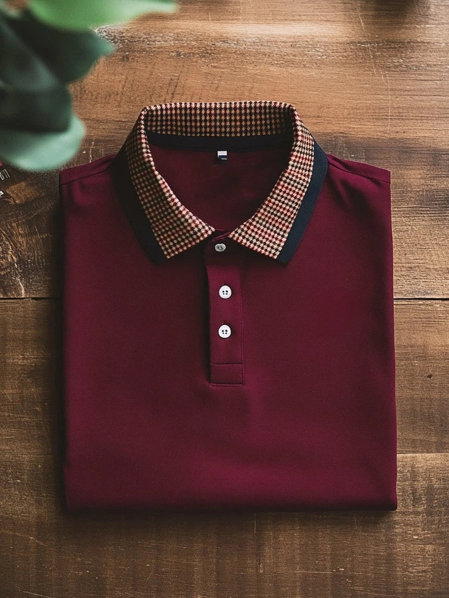 Men's Business Casual Burgundy Logo Button Short Sleeve Polo Shirt