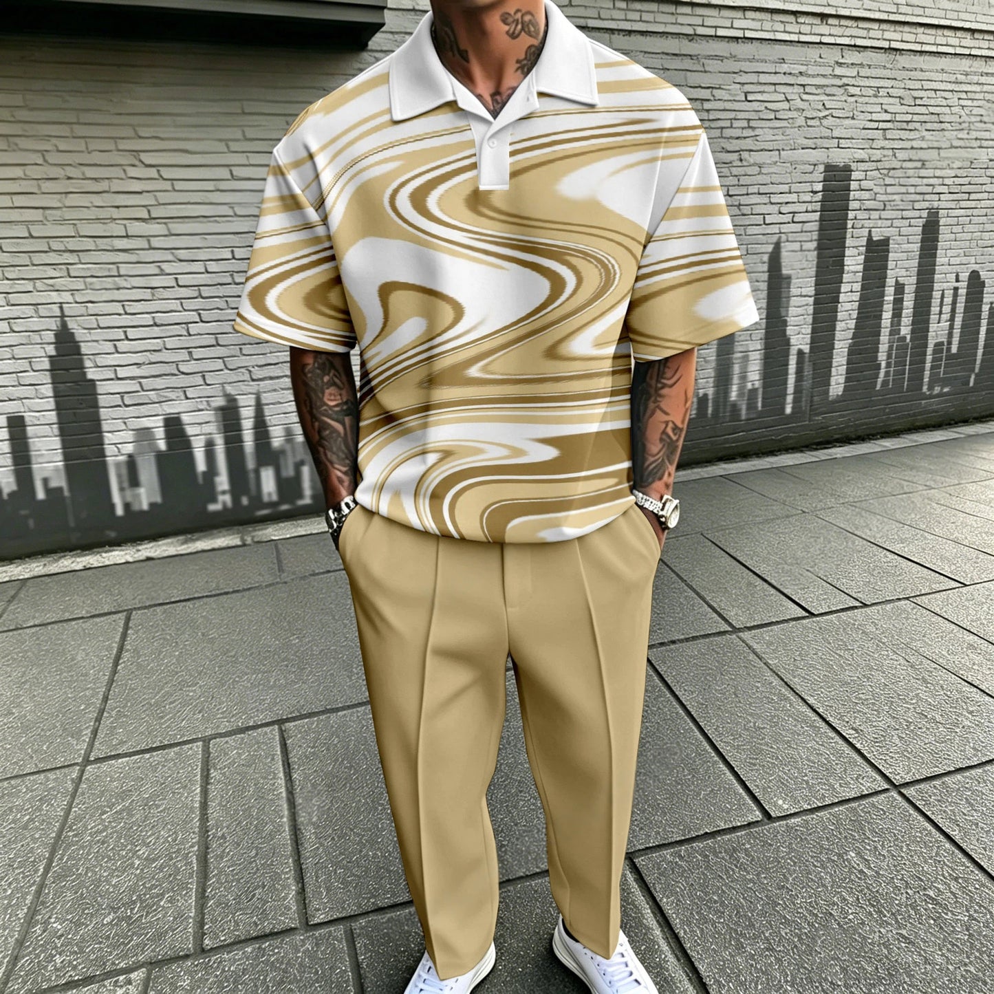 Men's Casual White Printed Polo Shirt And Pants Two-Piece Set