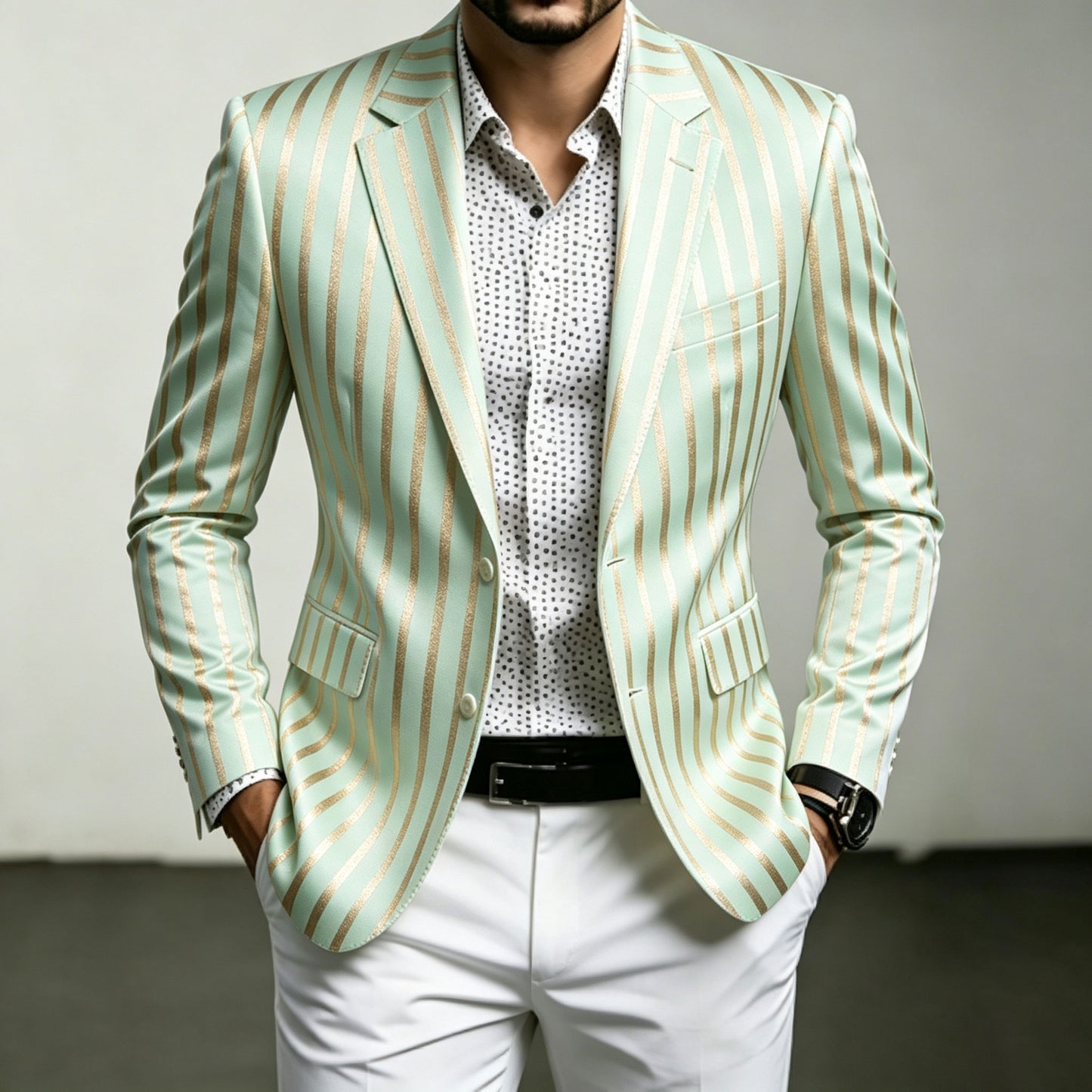 Men's Gold-Striped Printed Blazer