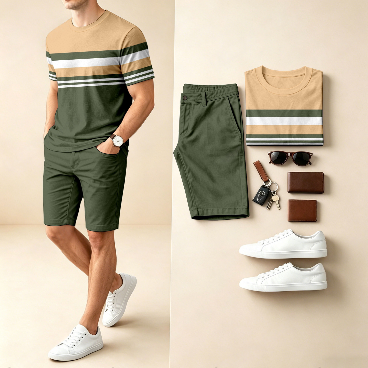 Men's Casual Striped Color-Block Print Round-Neck Short-Sleeve T-Shirt And Shorts Two-Piece Set