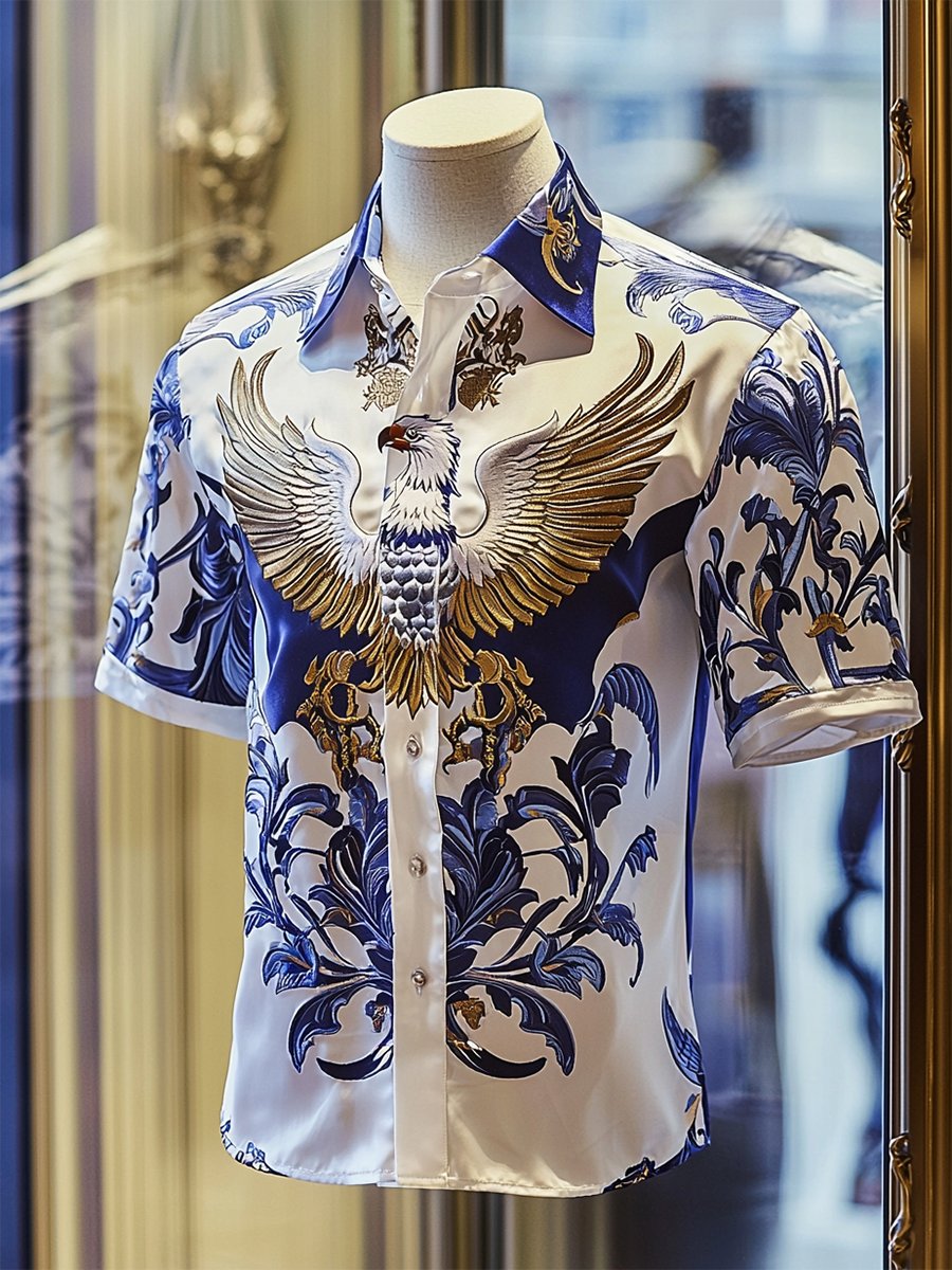 Men's Satin Luxury Eagle Badge Short Sleeve Shirt