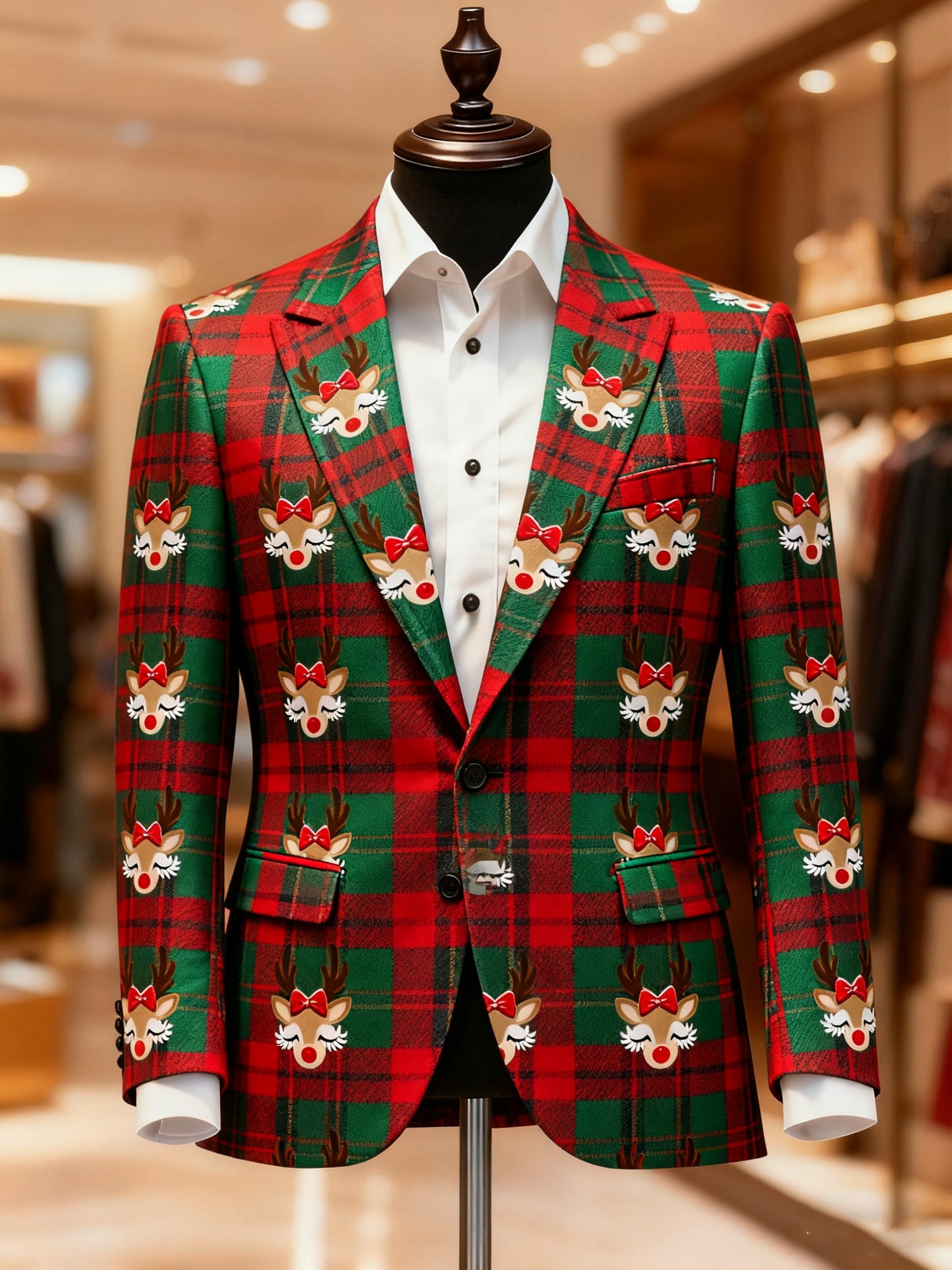 Men's Christmas Reindeer Casual Print Large Pocket Blazers