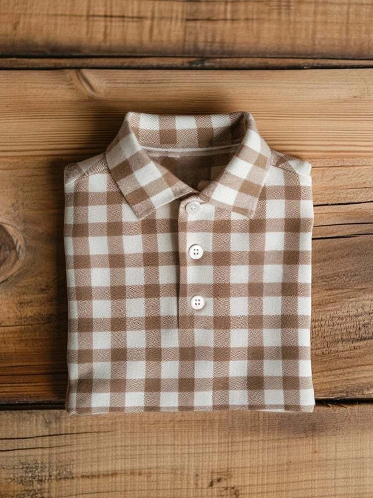 Men's Business Casual Khaki Plaid Button Short Sleeve Polo Shirt