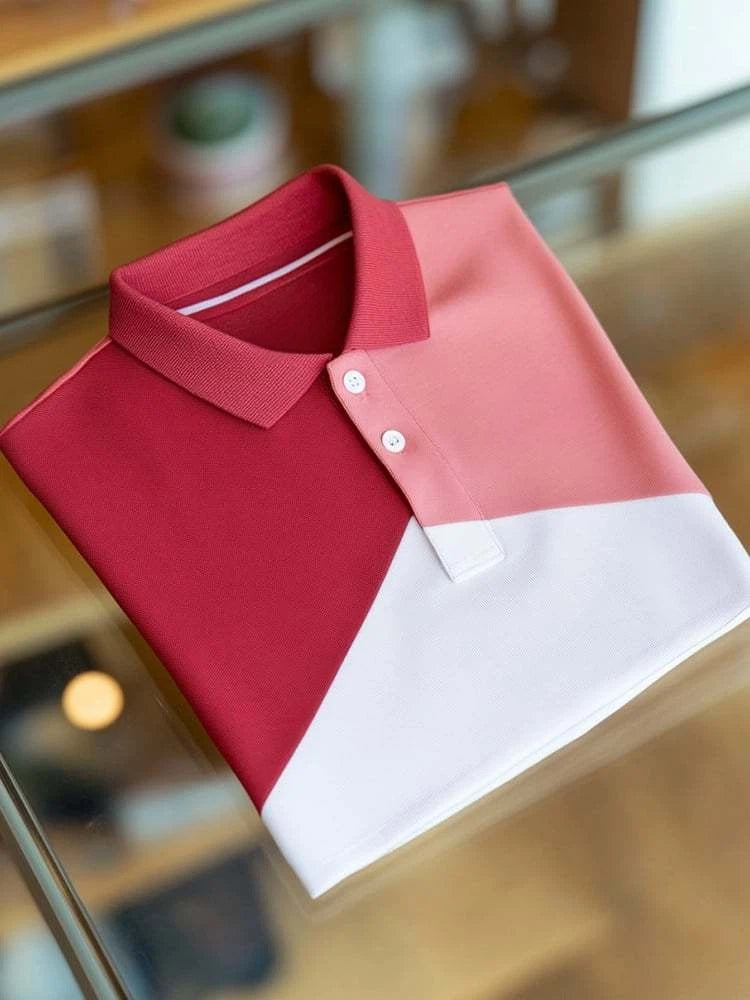 Men's Business Casual Red and Pink Block Button Short Sleeve Polo Shirt