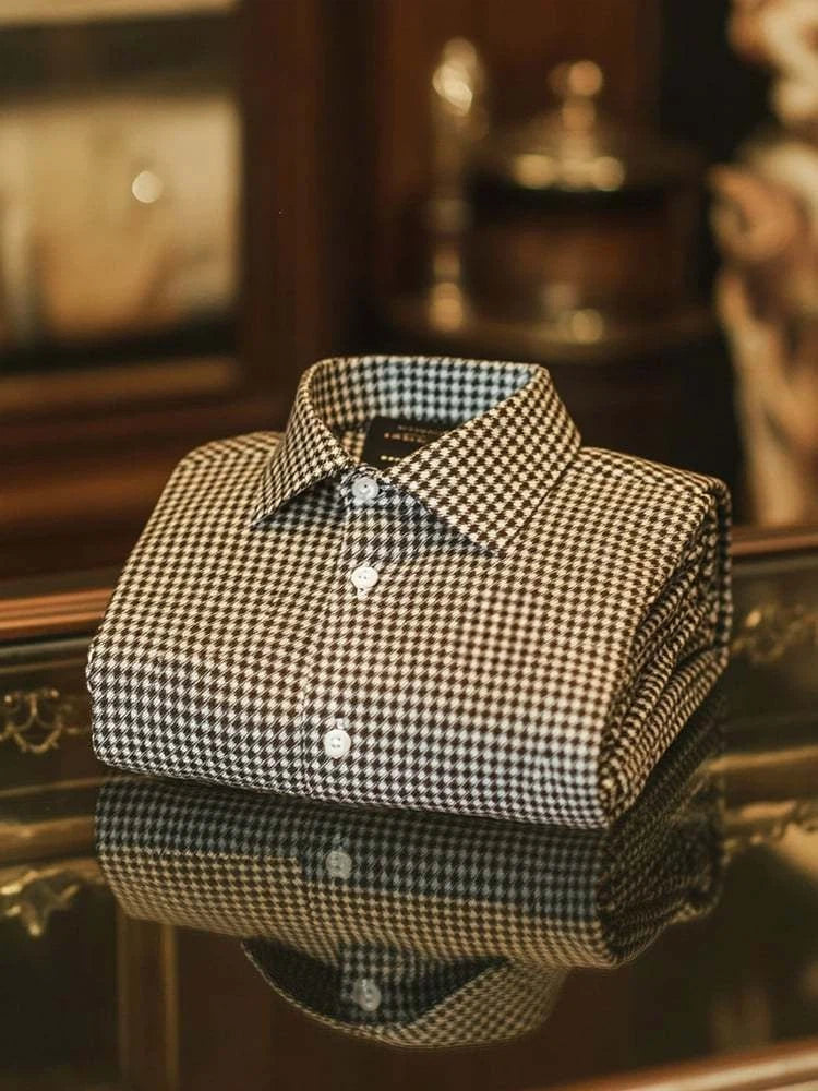 Men's Business Casual Black Houndstooth Button Short Sleeve Polo Shirt