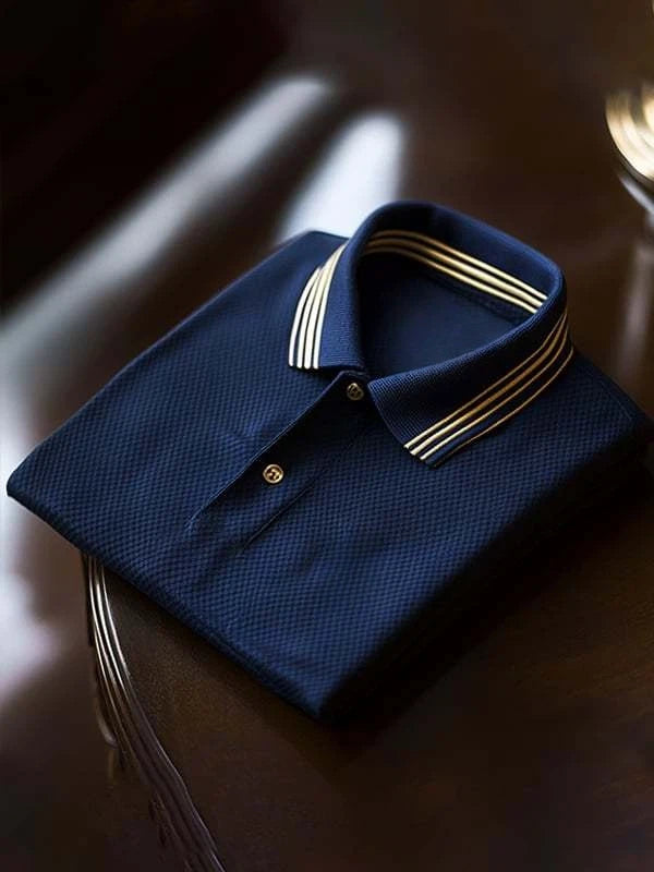 Men's Classic Blue Business Logo Button Short Sleeve Polo Shirt