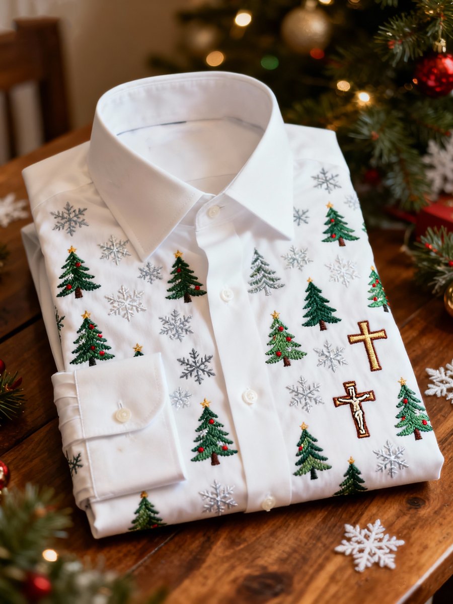 Men's Business Christmas Tree Print Long-Sleeve Shirt