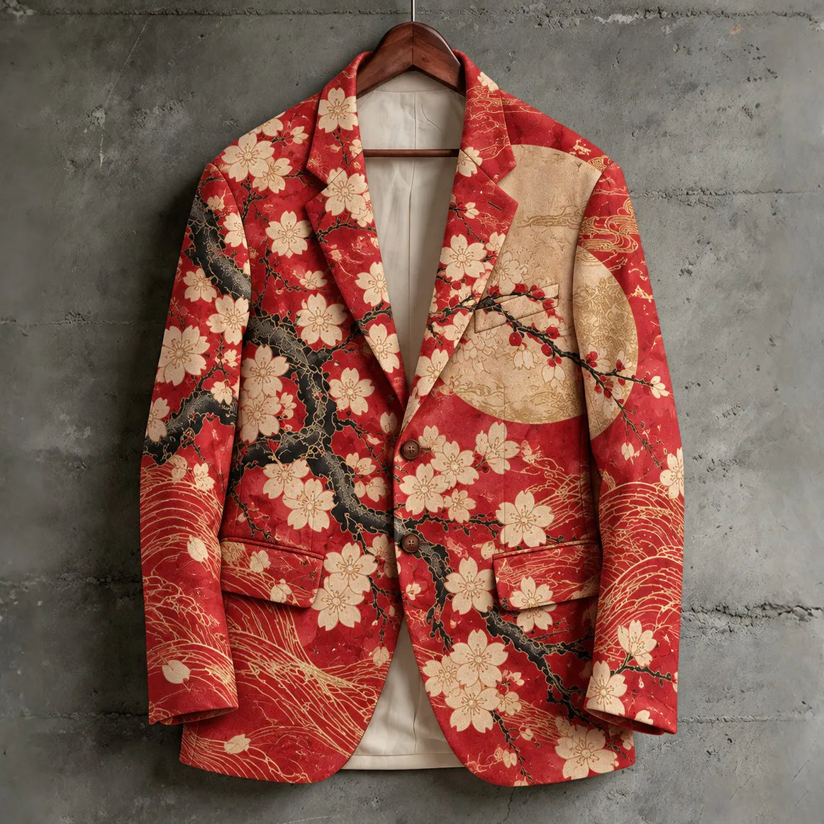 Men's Vintage-style Japanese Cherry Blossom Print Casual Blazer
