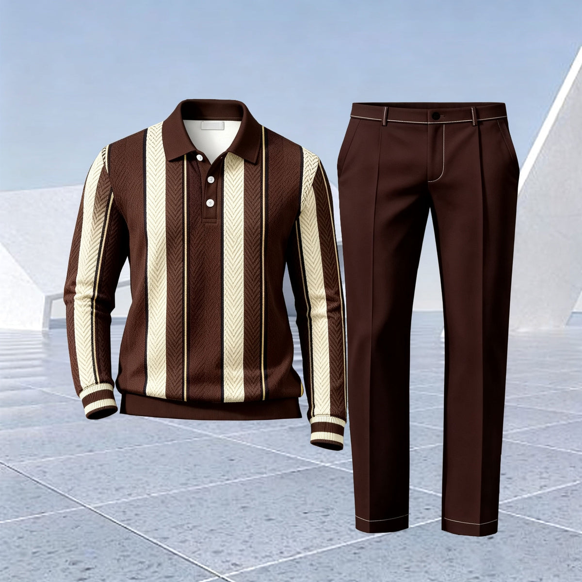Men's Striped Patchwork Polo Shirt and Pants Set